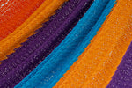 Outdoor cotton hammock in orange, blue, purple and yellow